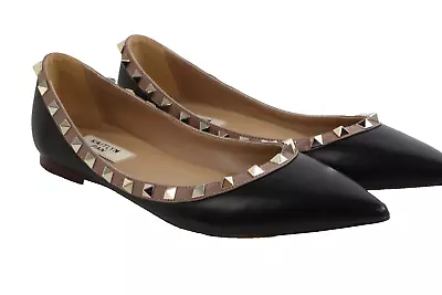 KAITLYN PAN Black Leather Pointed Toe Studded Trim Ballet Flats Size 39 • $49.99