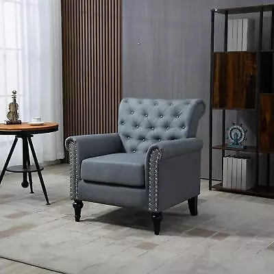 Mid-Century Modern Accent Chair Linen W/Tufted Back Wood Legs • $232.48