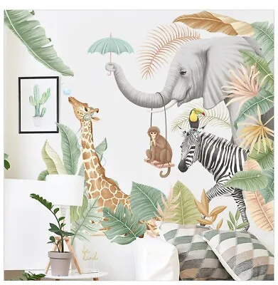 £8.49 • Buy Happy Jungle Animal Decal Giraffe Elephant Wall Stickers Kids Nursery Room Decor