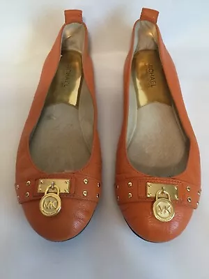 Women’s Michael Kors Ballet Flats Orange Leather Gold Studs Size 8 M • $20