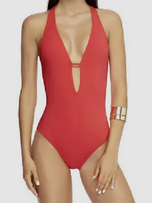 $295 Jets Swimwear Women's Red Strappy Plunge Halter One Piece Swimsuit Size 6 • $25.98