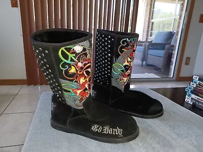 Ed Hardy  Peace” Boots Suede Black Size 6 Skeletons Peace Sign Studs As Is • $39.99