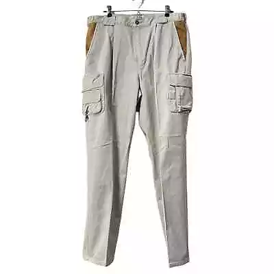 Vintage Orvis Men Zambezi Twill Cargo Leather Trip Khaki 100% Cotton Pants 36 • $39