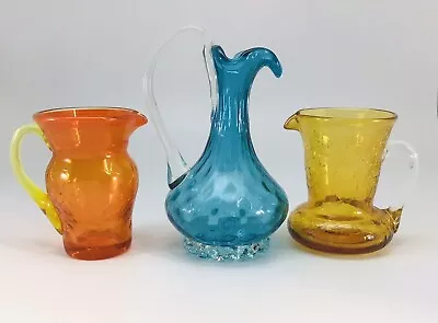 Vintage Hand Blown Crackle Glass Mini Pitchers Creamers Vases Lot Of 3 MCM • $24.99