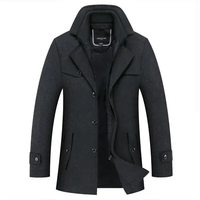 Mens Coat Woolen Blend Stand Collar Single Breasted Peacoat Outwear Warm Jacket  • $71.02