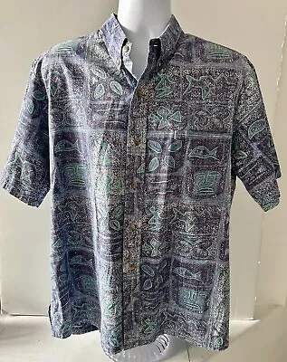 Avi Kahala Hawaiian Camp Cotton Shirt Blue Stylized Fish Tiki Heads Size Large • $22