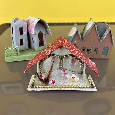 Lot Of 3 Vintage Cardboard And Mica Houses Christmas Japan USA • $23.49