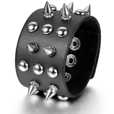 Men Gothic Punk Rock Rivet Spike Studded Wide Leather Bracelet Cuff Adjustable • $9.99
