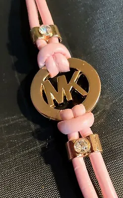 Michael Kors Gold Tone MK Logo Pink Leather Bracelet W Crystal Accents • $52.50