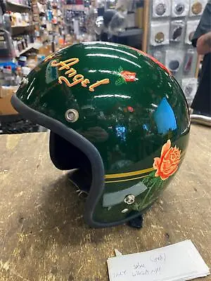 Vtg Sabre 3/4 Open Face Helmet 1970's Biker Chick Dark Green MED Hand Painted Fl • $49.95