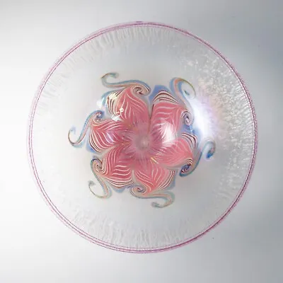 Vandermark Pulled Feather Art Glass Bowl Pink Iridescent Hand Blown Signed 1990 • $110