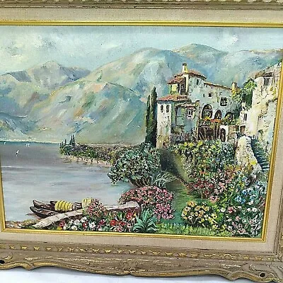 Mediterranean Italian Villa Flowers Ocean Original Acrylic Painting Signed • $200