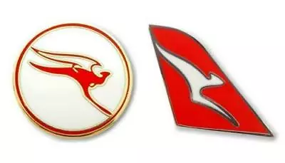 Set Of 2 Qantas Australia Tail Fin Logo & Retro Round Pin Badge Aviation Airline • $12.86