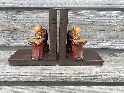 Vintage Hand Carved Book Ends Old Man With Beard Reading. Made Germany RARE 🔥 • $39.95