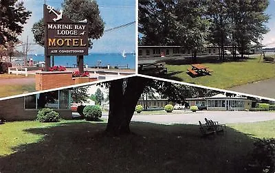 Marine City MI Marine Bay Lodge Motel~Anchor Sign~Picnic Table~Shade Tree 1960s • $4