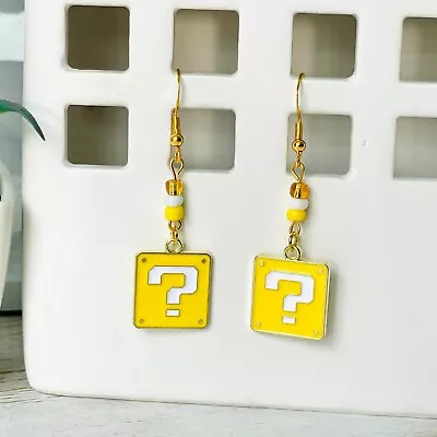 SUPER MARIO BROS Question Block Handmade Bead Dangle Earrings 925 Hypoallergenic • $5.95