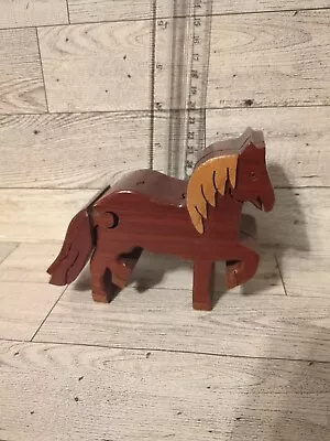 Vintage Hand Carved Wooden Horse Puzzle Trinket Box With Blue Velvet Fabric • $19.99