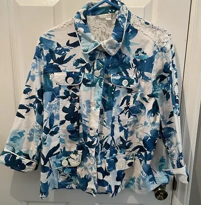 Erin London Jacket Blue Floral Button Front Stretch Lace Detail Pockets Size XL • $19.99