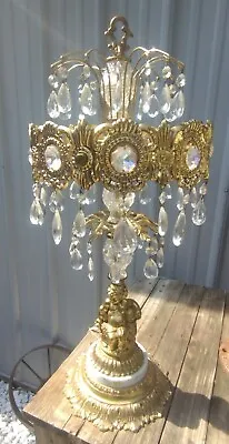 $1499 • Buy Vintage Loevsky & Loevsky Lamp 1960's Brass Cherub Hollywood Regency Crystal MCM