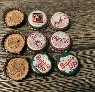 Bottle Caps BUBBLE UP 7UP  COCA COLA Vintage Cork Lined LOT OF 9 • $6.99