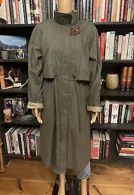 Vintage Olive Long Trench Coat Leather Trim Removable Plaid Flannel Liner Sz S • $29.80