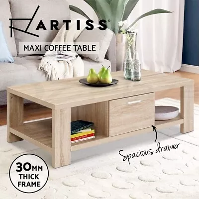 Artiss Coffee Table Wooden Shelf Storage Drawer Tables Thick Tabletop Furniture • $95.95