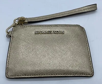 Michael Kors Jet Set Gold Metallic Credit Card Wallet Wristlet Travel Minimal • $24.77