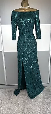 QUIZ Elegant Green Sequin Evening Party Prom Wedding Cocktail Maxi Dress Size 8 • £44.99