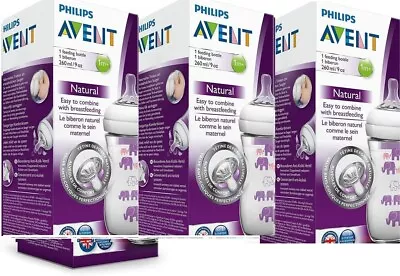 New 3x Bottle  AVENT NATURAL FEEDING BOTTLE 260ML WITH 1M+ TEAT • £19.99