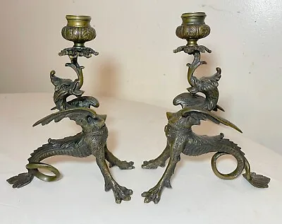 $496.99 • Buy Pair Of Antique 1800's Dragon Griffin Ornate Bronze Candlesticks Candle Holders