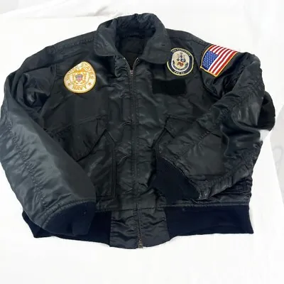 Vintage Navy Satin Bomber Jacket USS Kauffman Patch Mens Large Black • $33.99