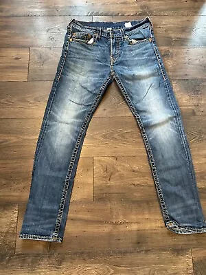 True Religion Jeans Mens Size 34 Blue Straight Fit Fading Distressed • $20