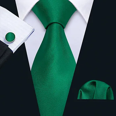 Barry Wang Green Solid Silk Tie For Mens Necktie Pocket Square Cufflinks Set • $11.99
