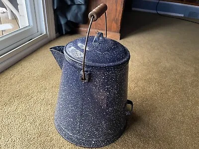 Vtg Large Navy Blue Speckled Enamelware Camp Coffee Pot With Carved Wood Handle • $35