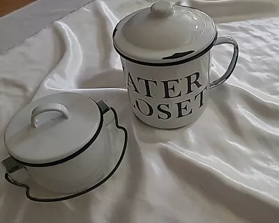 Vintage White & Blue Enamel Tins Metal Oversized Water Closet Mug & Bucket  • $12