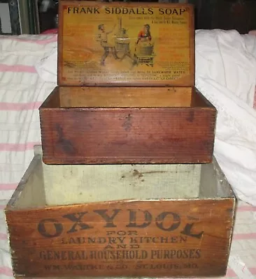 2 Antique SOAP SHIPPING BOX Crates Vintage Wooden OXYDOL & SIDDALS Hinged LABEL • $175