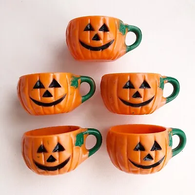 5 Vintage Halloween Hard Plastic JOL Pumpkin Mini Mug Shot Glass Candy Container • $24