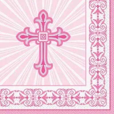 16 X Pink Cross Napkins Girls Communion Confirmation Party Tableware Supplies • £3.25