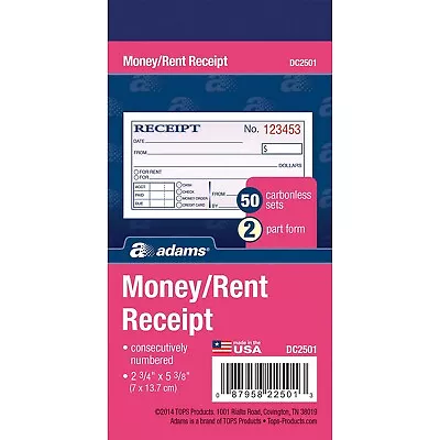 Adams DC2501 Money/Rent Receipt 50 Carbonless Sets 2 Part Form 2 3/4  X 5 3/8 • $7.59