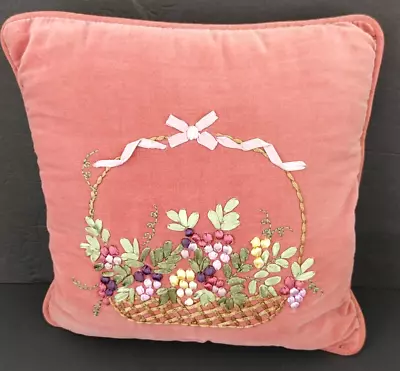 VTG 11x11 VELOUR SOFA PILLOW RIBBON EMBROIDERED BASKET FLORAL PEACH PINK • $12.99