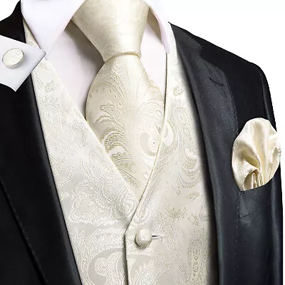 Mens Formal Wedding Waistcoat Paisley Floral Suit Vest Slim Tuxedo Silk Tie Set • $31.20