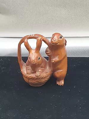 Antique Vintage Japanese Carved Wooden Netsuke Rabbits In A Basket • £59.95