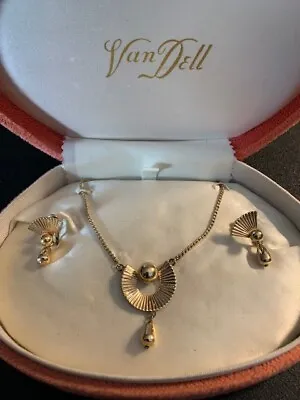 Vintage Jewelry Signed VAN DELL 12k GF Necklace Earring Set Original Velvet Box • $35