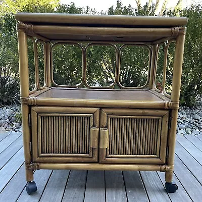 Vintage MCM Bamboo Wicker Rattan Rolling Bar Cart Tiki Trolley Spinning Top Boho • $769
