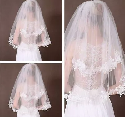 White Ivory 2 Layer Elbow Lace Applique Edge Wedding Bridal Veil + Comb Q1 • £6.99