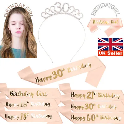 Happy Birthday Sash Crown Tiara 16/18/21st/30/50/60th Bunting Balloons Set Party • £6.29