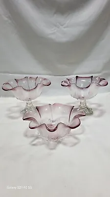 3 Mikasa Rosella Pink Frosted Glass Ruffled Rim 8  Vintage 1970s • $35