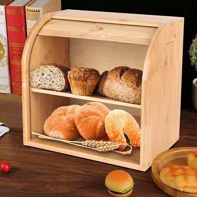 2-Layer Bread Box Bread Keeper Bamboo Wood W/ Lid Kitchen Storage Containers USA • $42.75