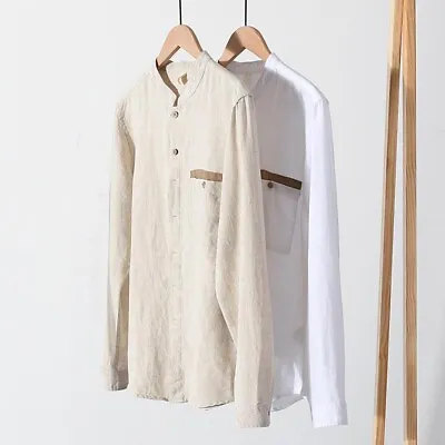 Mens Linen Blend Mandarin Collar Basic Shirts Casual Long Sleeve Tee Tops • $30.13