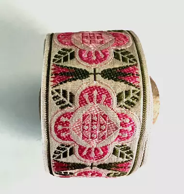 Vintage French Silk Jacquard Trim 1 1/2  W By The Yard Pink Green &Gold (B32A • $6.99